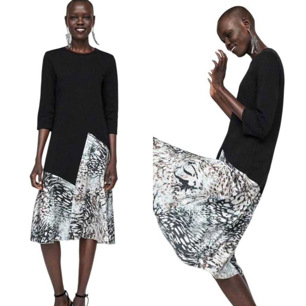 Zara black French Terry Knit Woven‎ Animal Print Combined Asymmetric Midi Dress